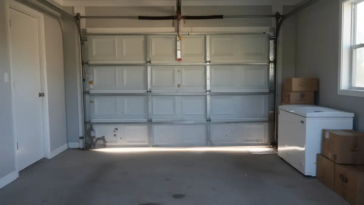 The white garage door is closed, with a torsion spring above it.