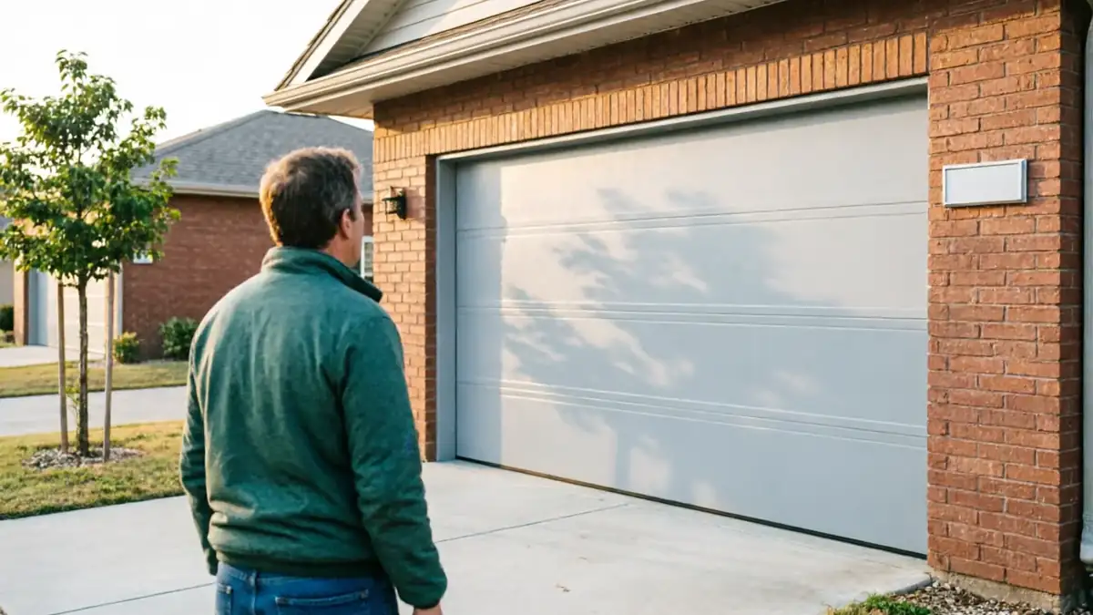 A man stands facing a closed white garage door on a brick house.