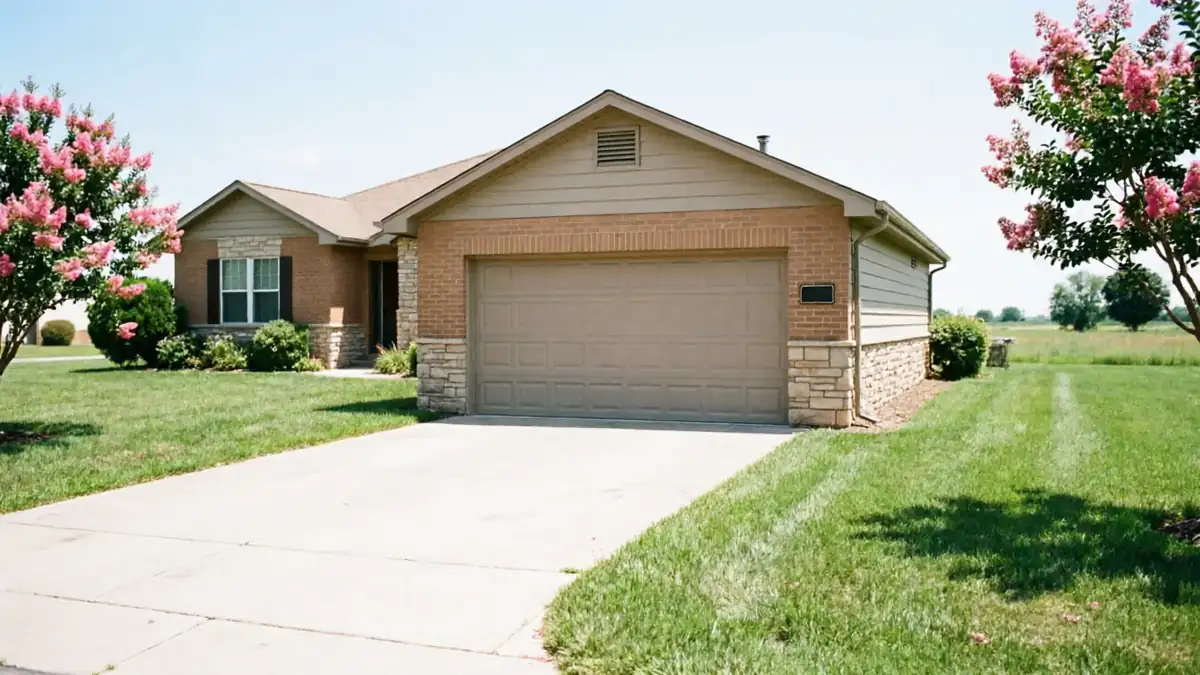 A tan garage door is on a brick house with stone accents and a green lawn.
