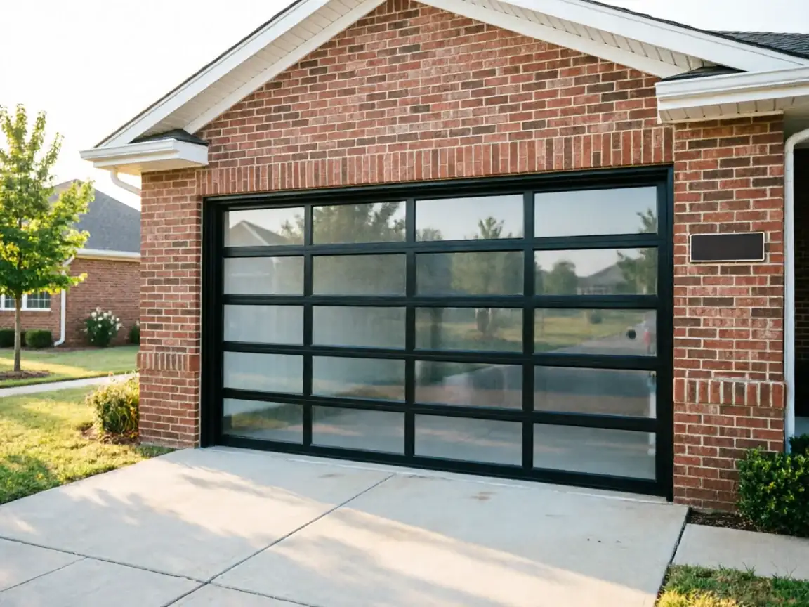 The house has a modern glass garage door with a black frame and a brick facade.