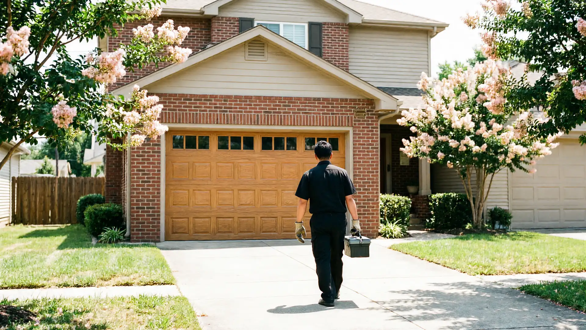 A technician walks toward a house with a wooden garage door.