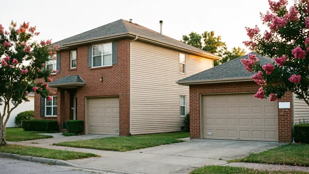 A two-story brick house with an attached garage and a detached garage.
