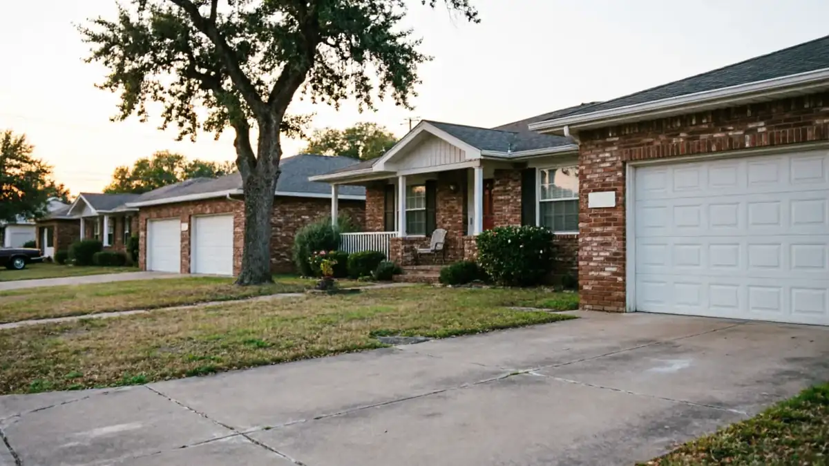 A row of brick houses with white garage doors and green lawns.