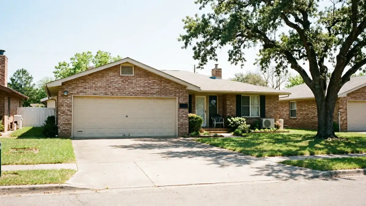 A single-story brick house with a beige garage door and a large tree in the yard.