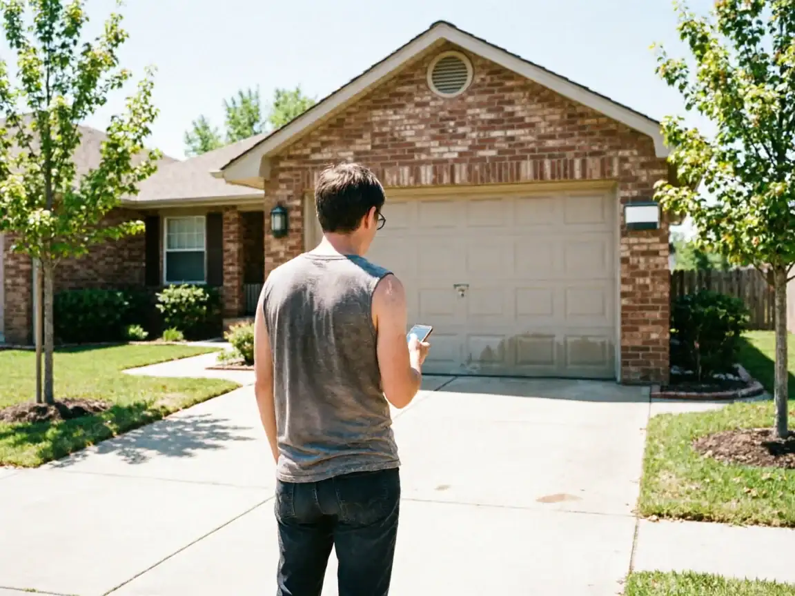A person stands in a driveway looking at a phone and a garage door.