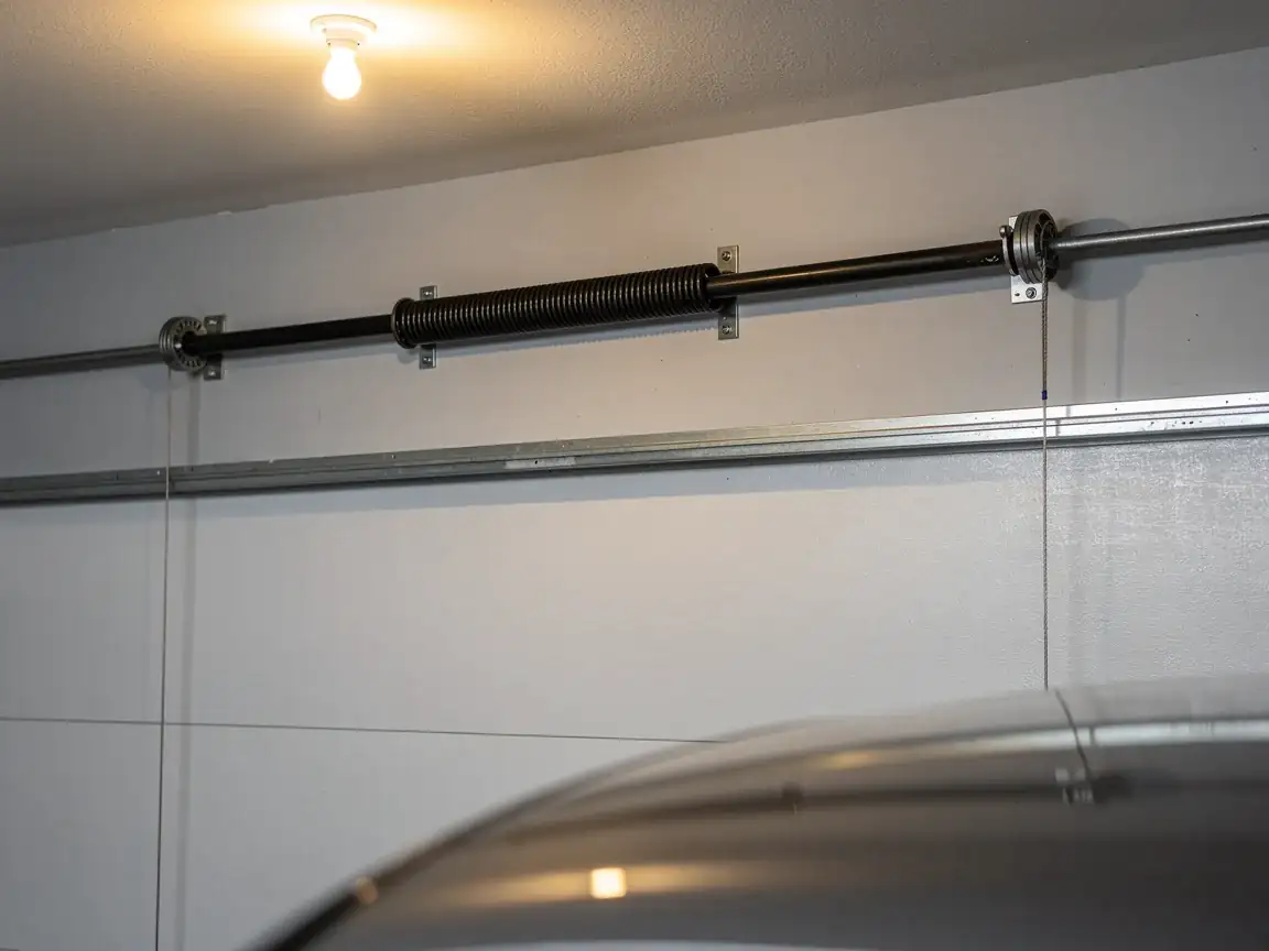 A garage door torsion spring is mounted above a white garage door.