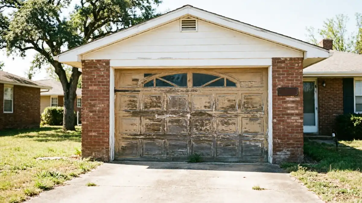 The garage door is old and peeling, with windows at the top.