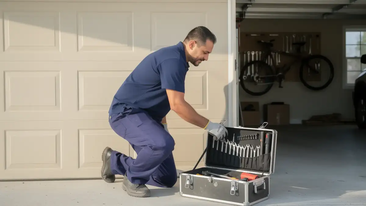 A technician kneels by an open toolbox in front of a beige garage door.