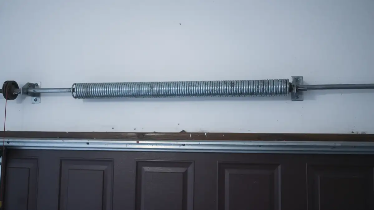 A garage door torsion spring is mounted above a brown garage door.
